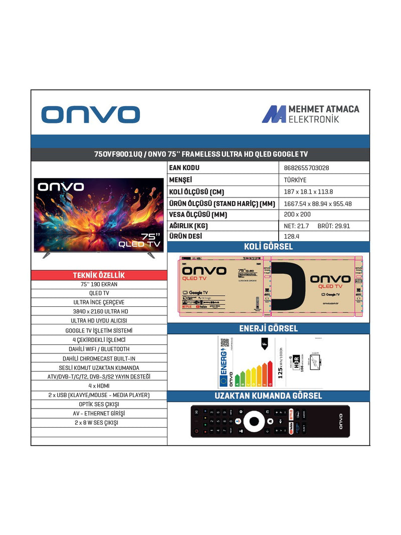 Onvo 75OVF9001UQ 75" 190 Ekran Uydu Alıcılı 4K Ultra HD Google Smart QLED TV