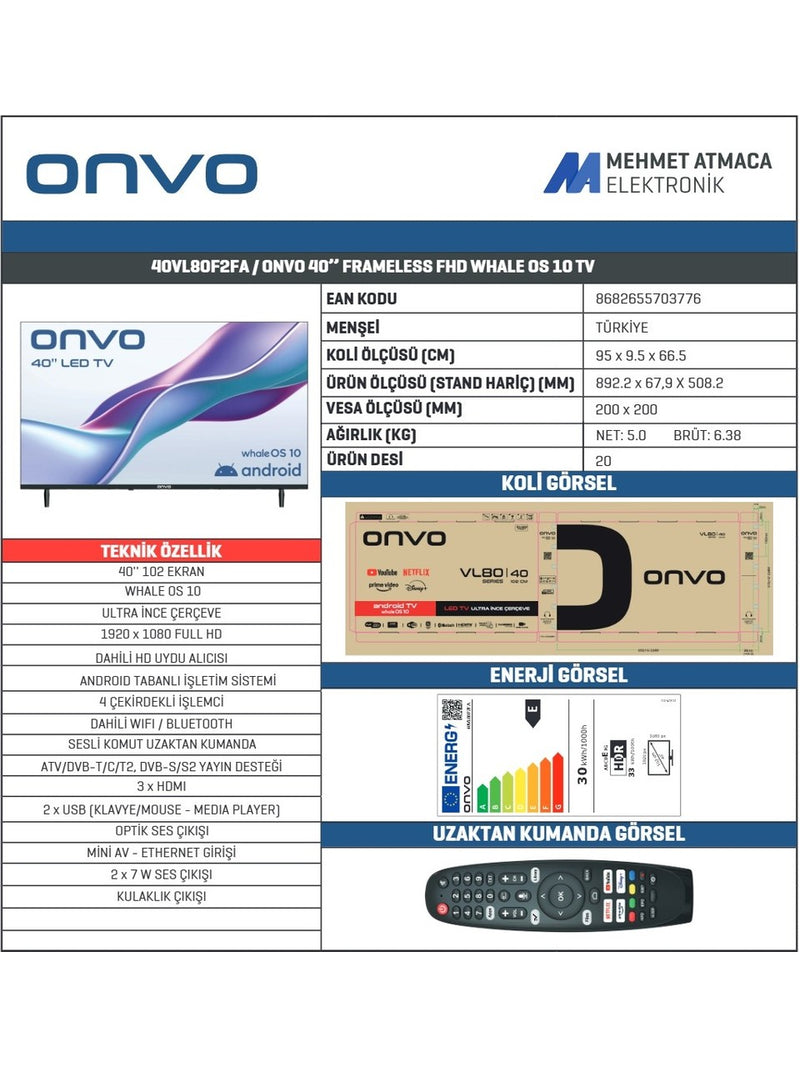 Onvo 40VL80F2FA Full HD 40'' 102 Ekran Uydu Alıcılı Smart LED TV