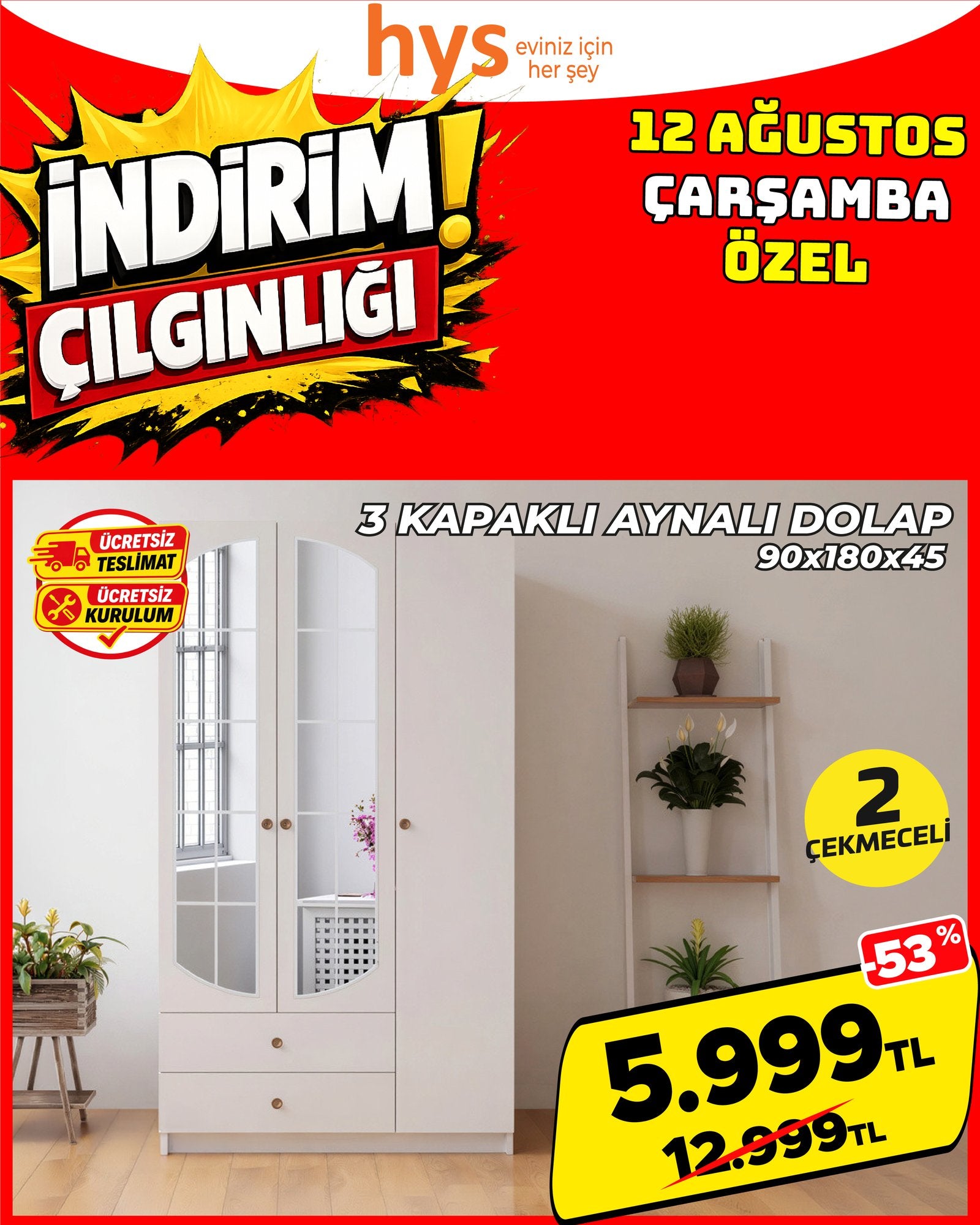 3 Kapaklı Aynalı Dolap 90x180x45 cm