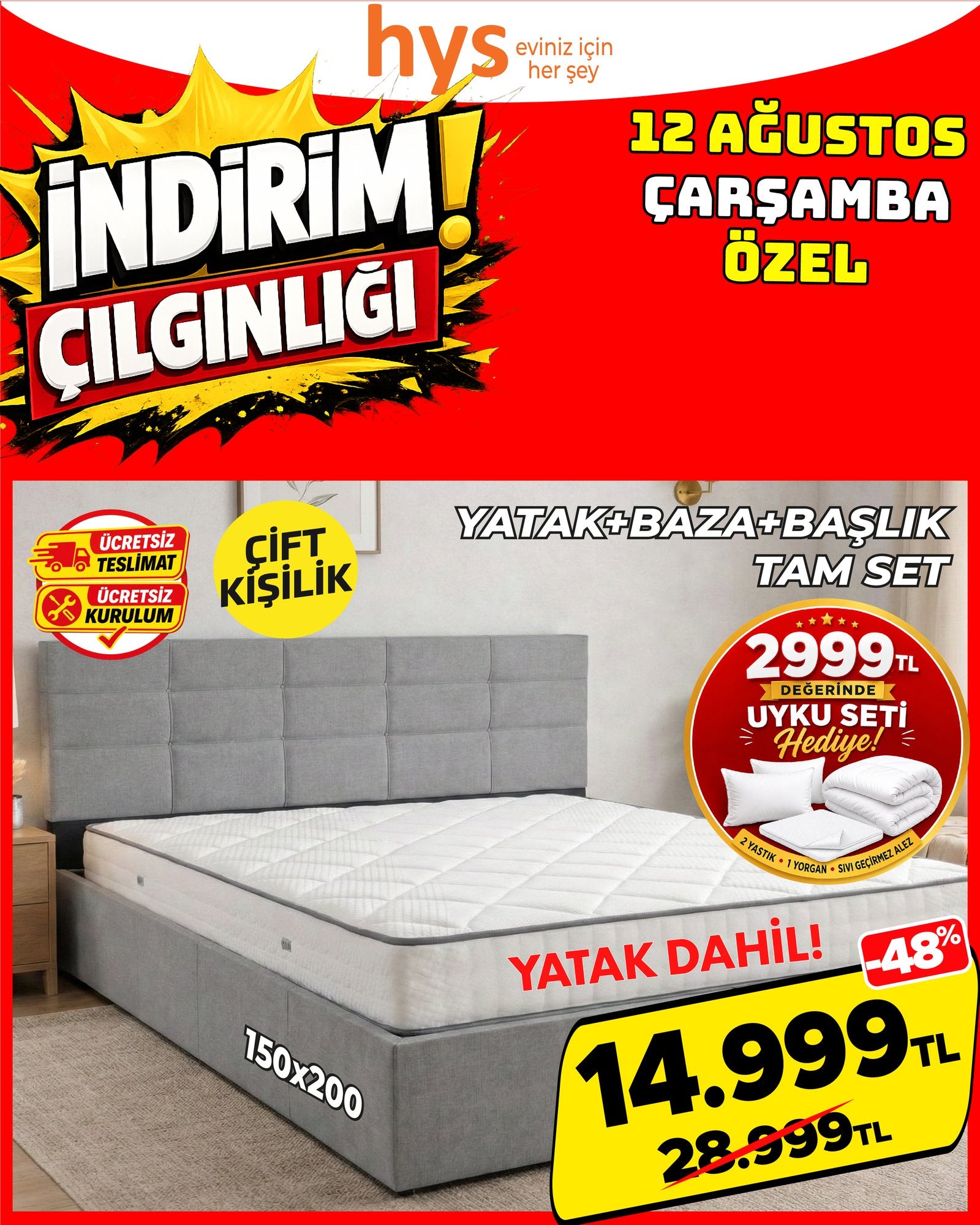 Çift Kişilik Yatak Baza Başlık Tam Set 150x200 cm