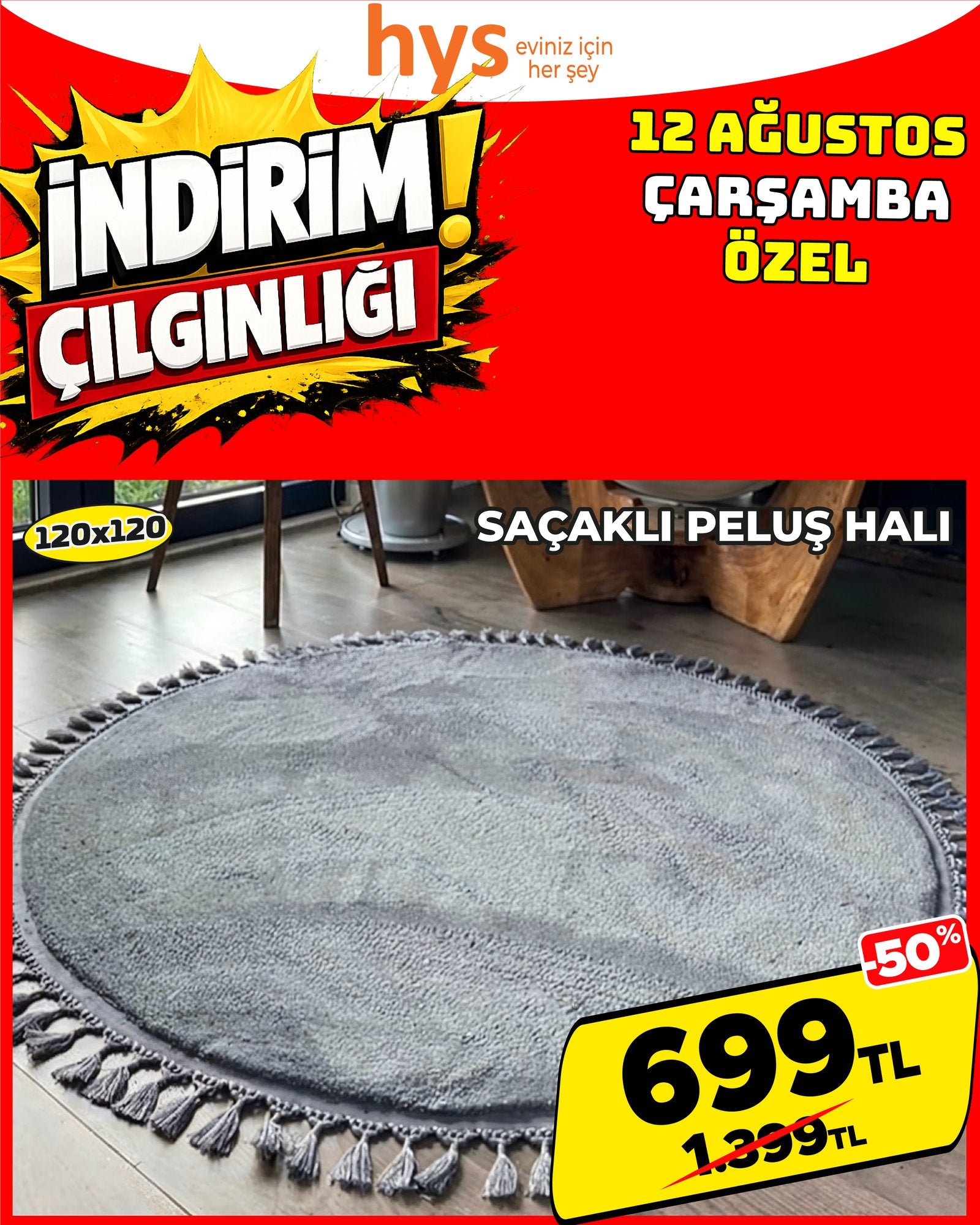 Saçaklı Peluş Halı 120x120 cm