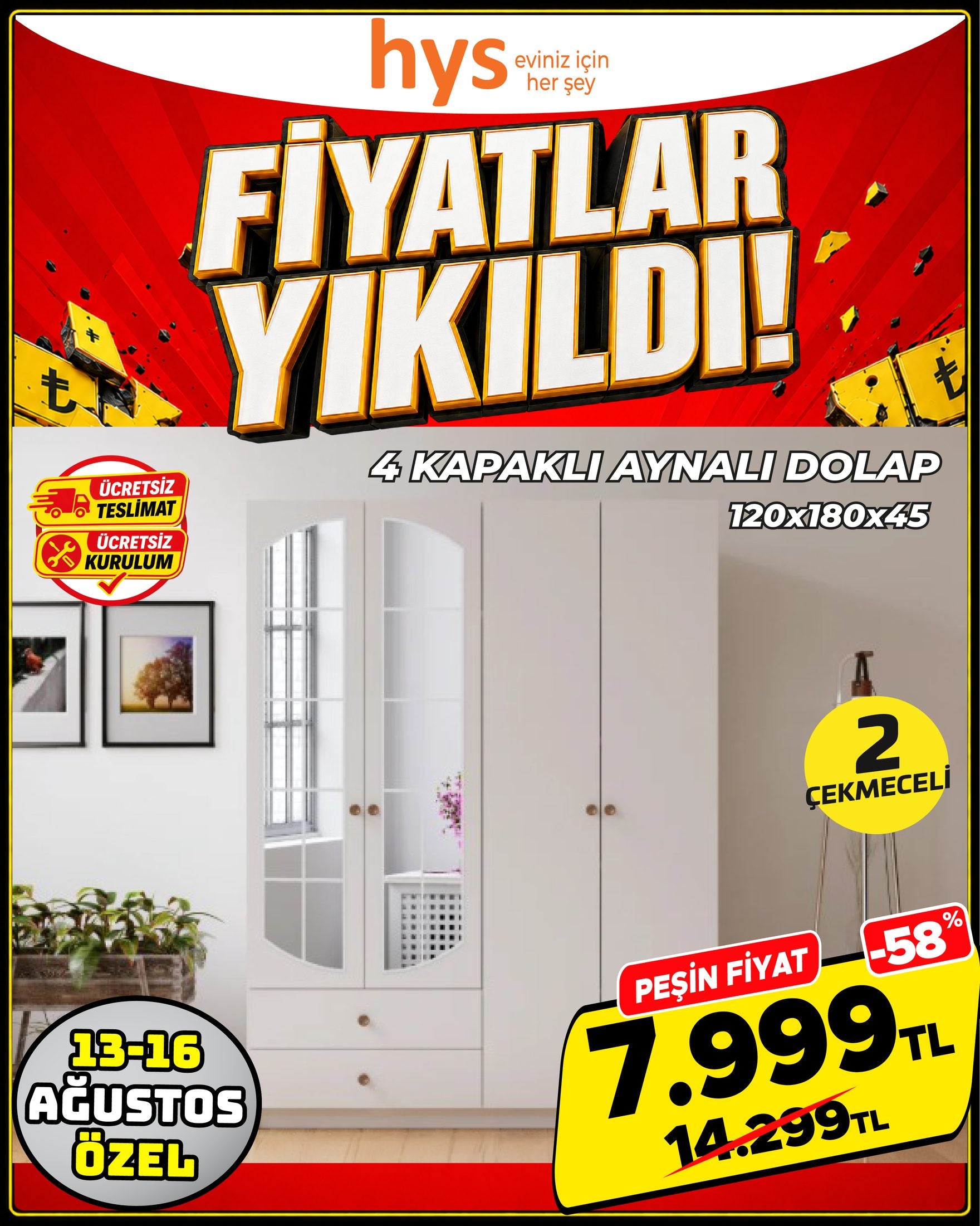 4 Kapaklı Aynalı Dolap 120x180x45 Ürün ana görseli