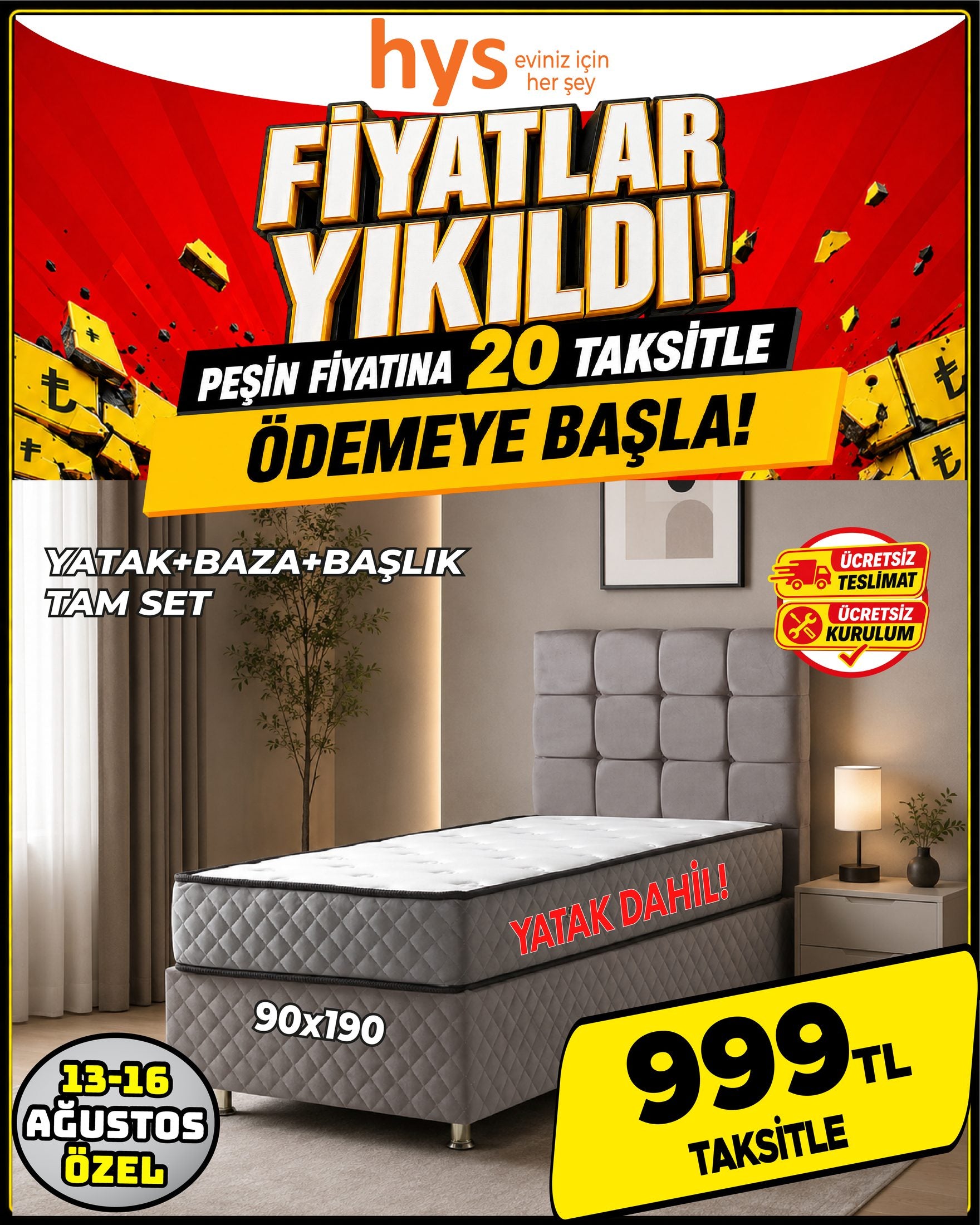 Yatak Baza Başlık Tam Set 90x190