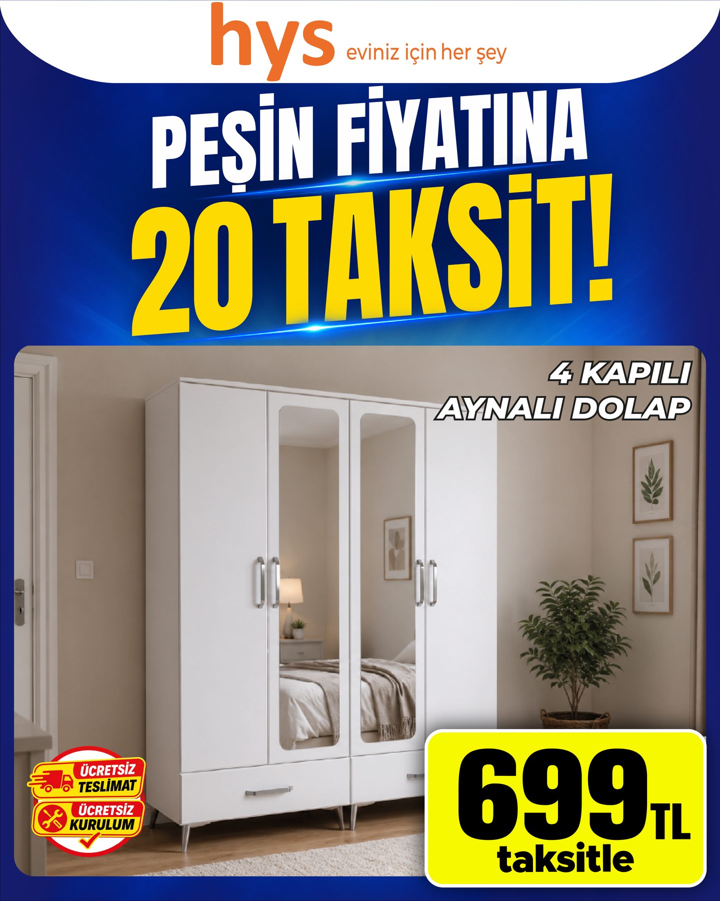 4 Kapaklı Aynalı Dolap