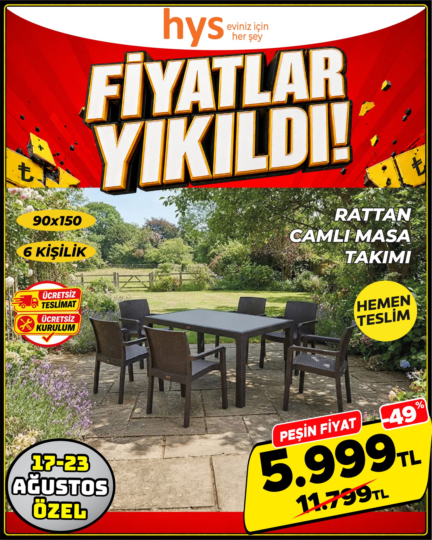 Rattan Camlı Masa Takımı 6 Kişilik