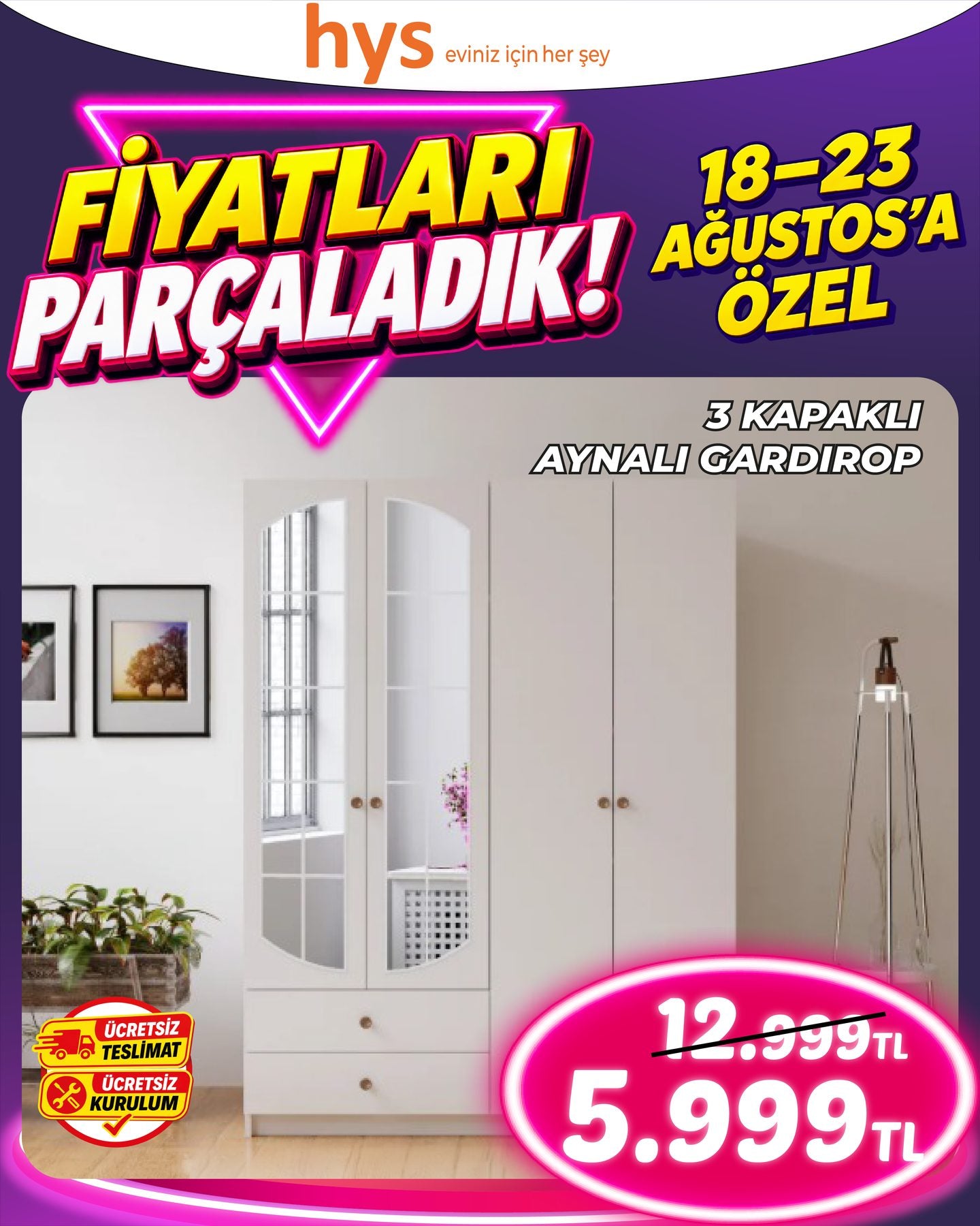 3 Kapaklı Aynalı Gardırop