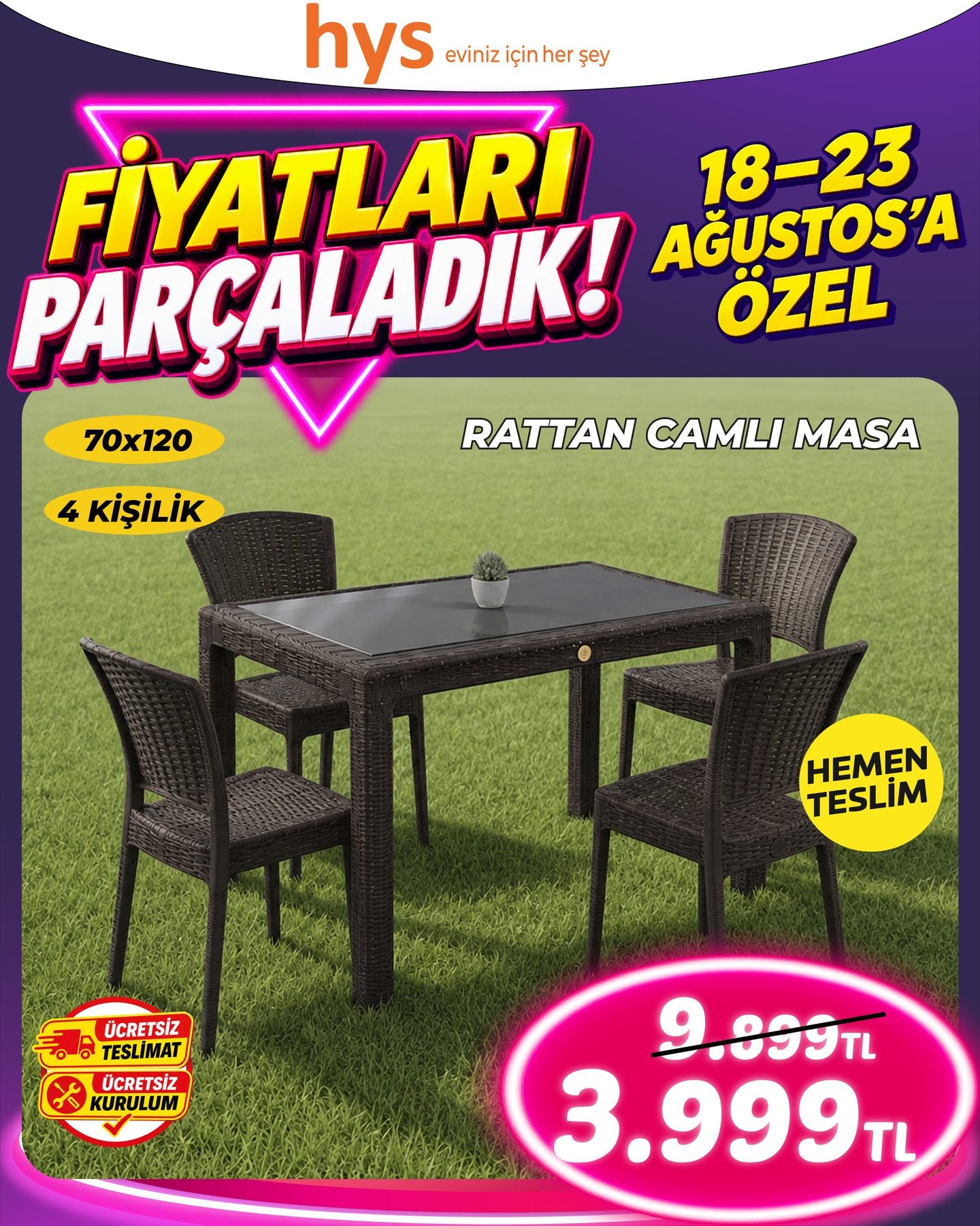 Rattan Camlı Masa Takımı 70x120 4 Kişilik Ürün ana görseli