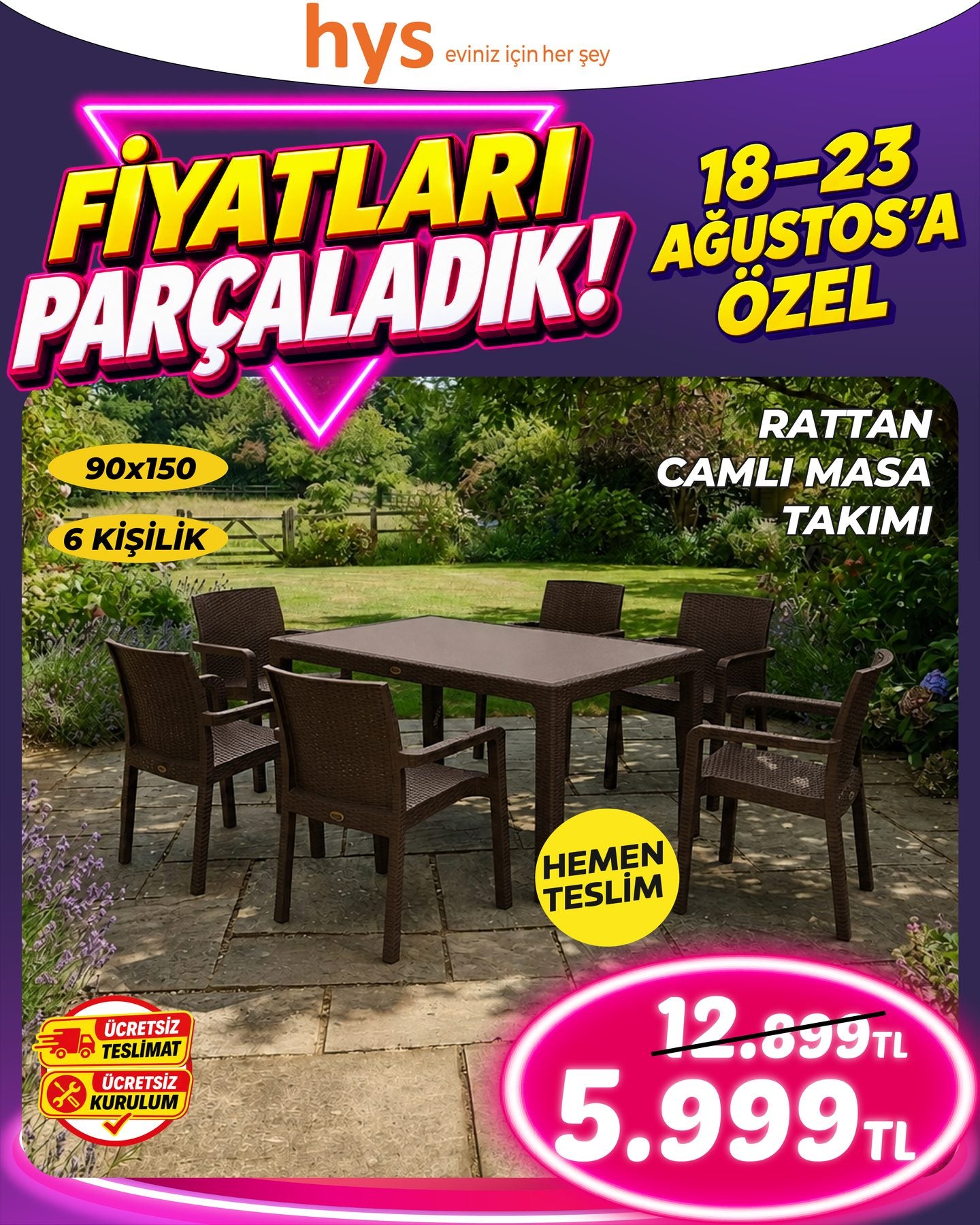 Rattan Camlı Masa Takımı 90x150 6 Kişilik