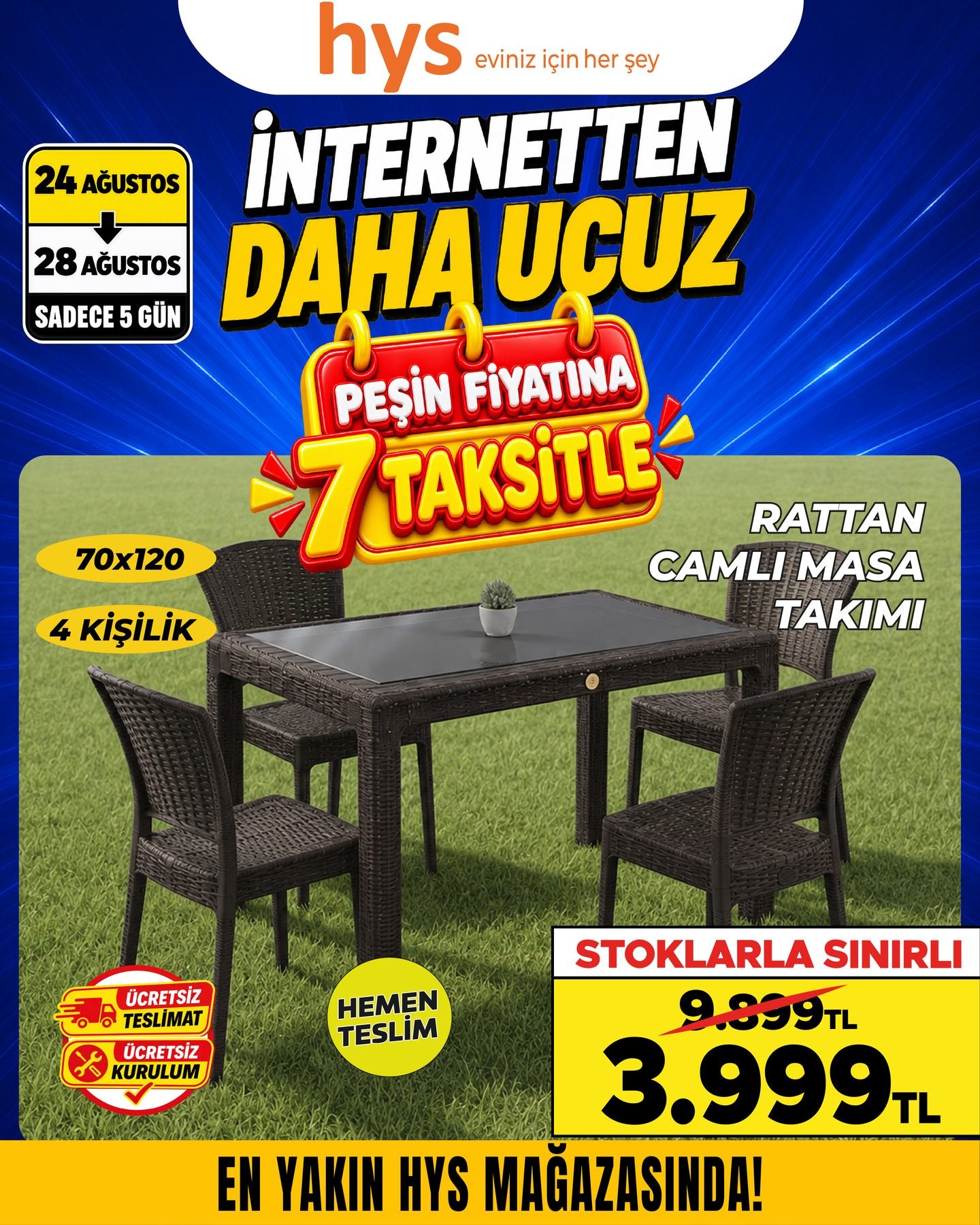 Rattan Camlı Masa Takımı 70x120 4 Kişilik