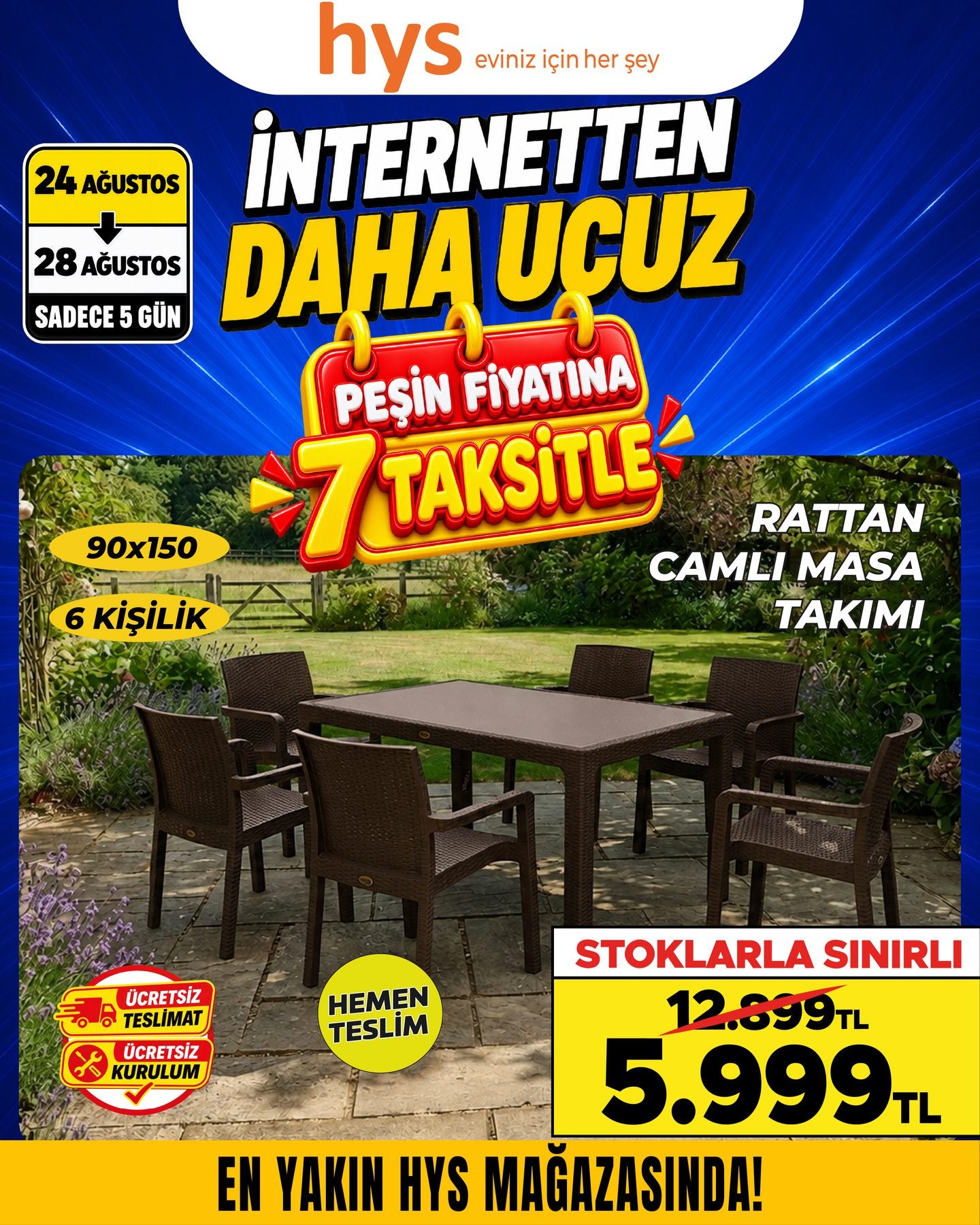 Rattan Camlı Masa Takımı 90x150 6 Kişilik
