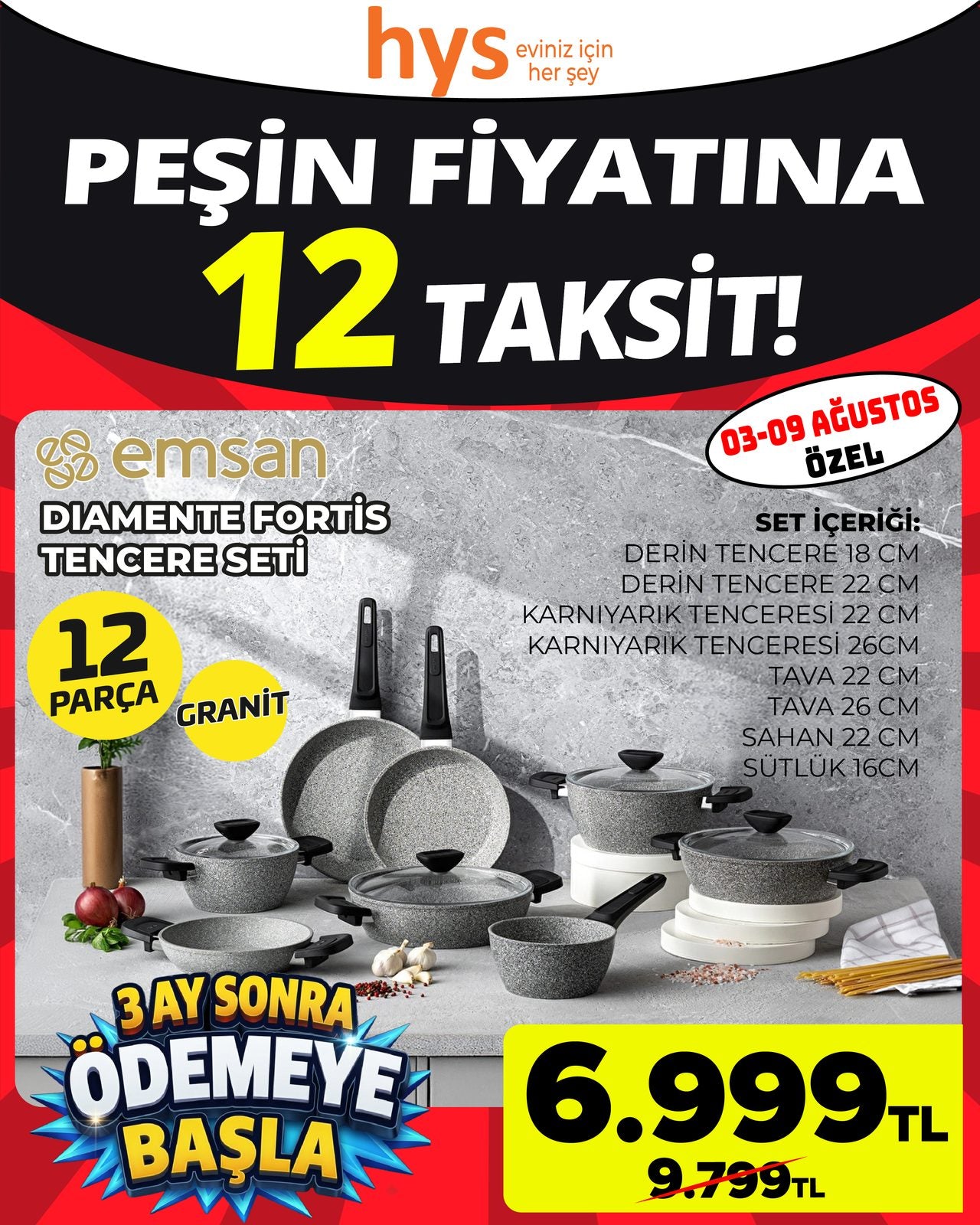 Emsan Diamante Fortis 12 Parça Tencere Seti