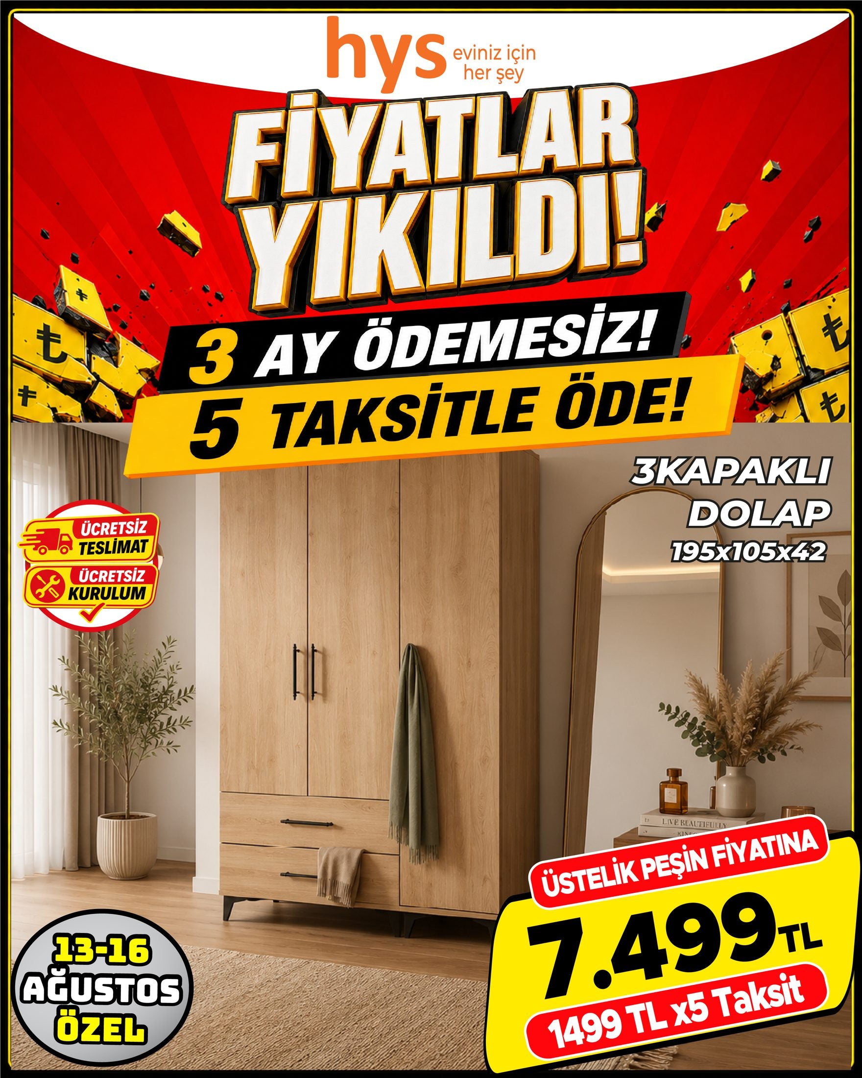 3 Kapaklı Dolap 195x105x42 Ürün ana görseli