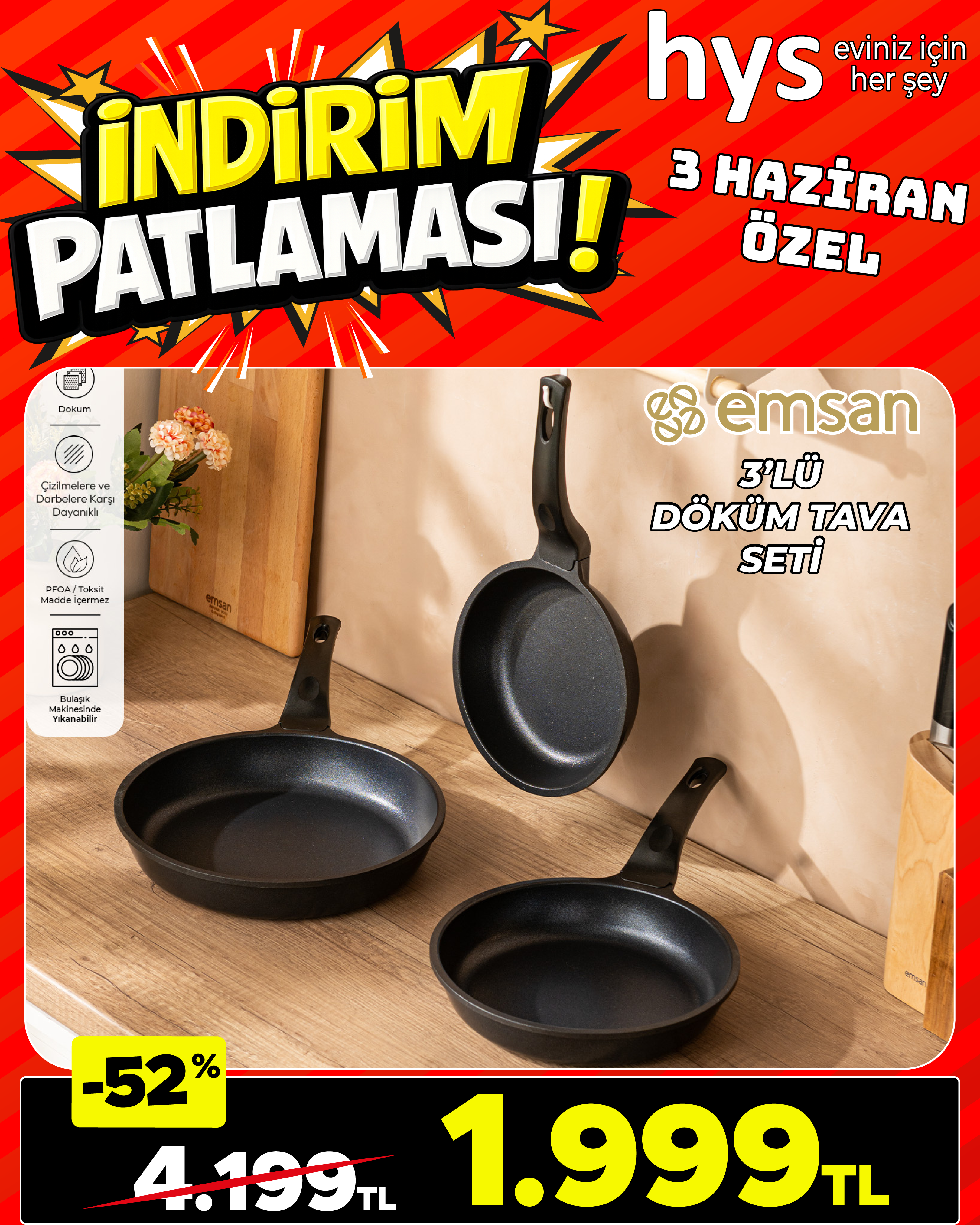 Emsan 3’lü Döküm Tava Seti