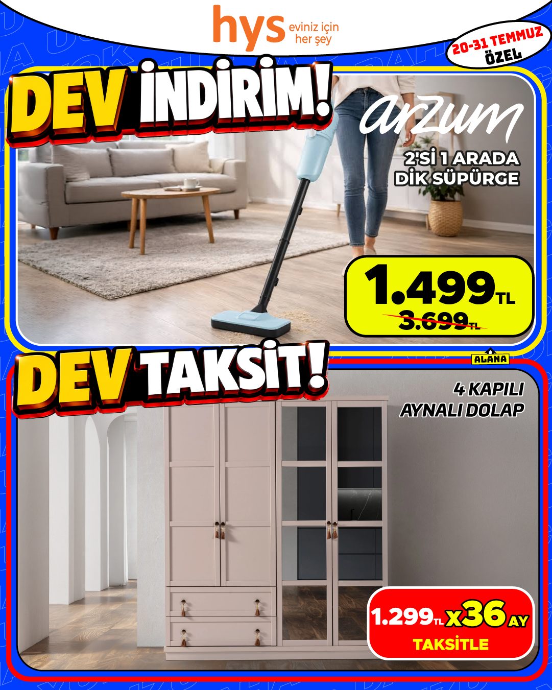 Arzum 2'si 1 Arada Dik Süpürge ve 4 Kapılı Aynalı Dolap Ürün ana görseli