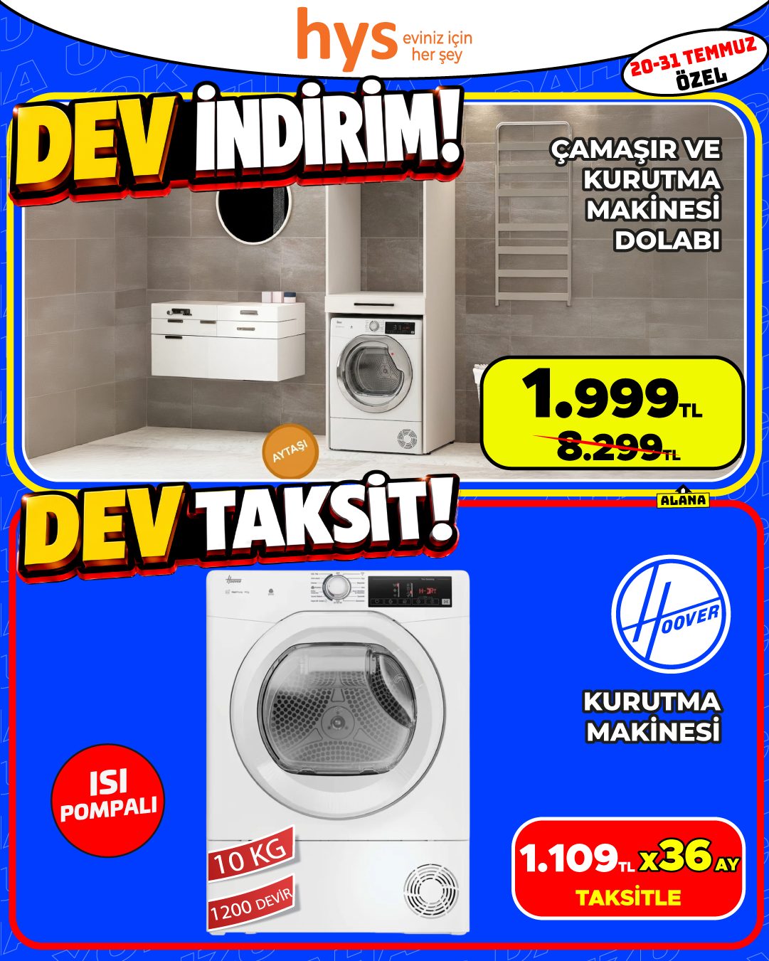 Çamaşır ve Kurutma Makinesi Dolabı ve Hoover Kurutma Makinesi