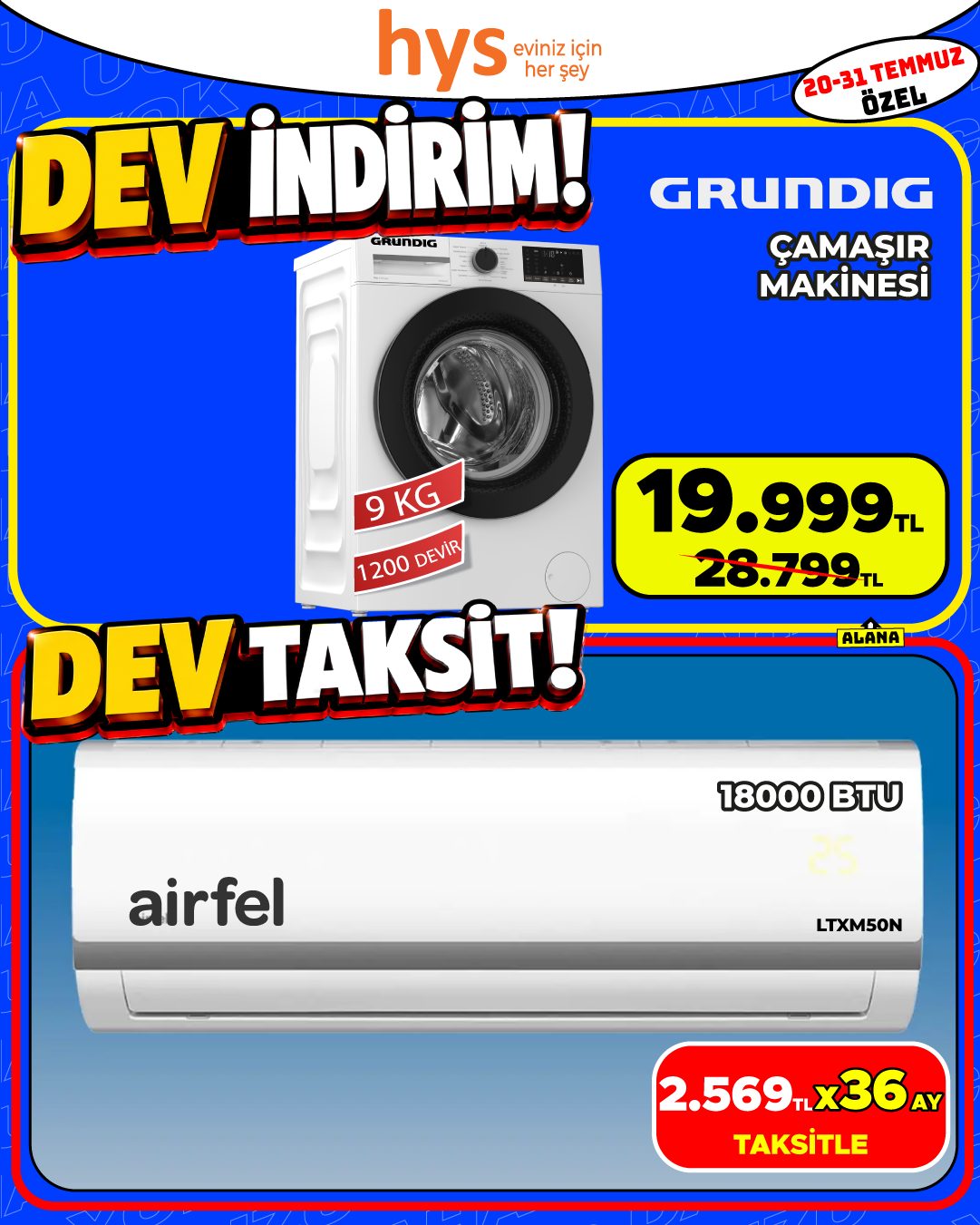 Grundig Çamaşır Makinesi ve Airfel 18000 BTU Klima