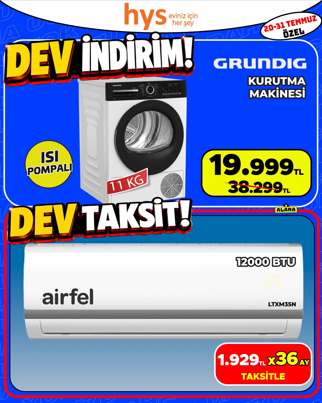 Grundig Kurutma Makinesi ve Airfel 12000 BTU Klima