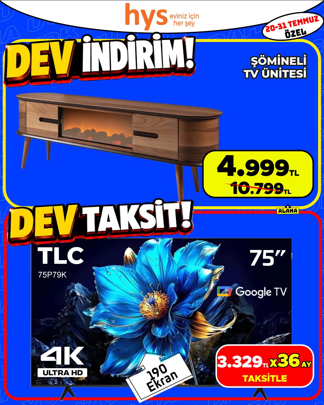 Şömineli TV Ünitesi ve TCL 75 İnç Google TV