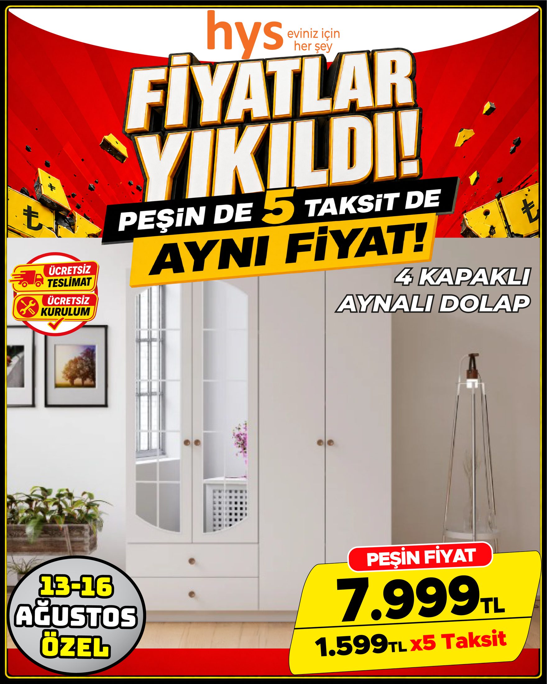 4 Kapaklı Aynalı Dolap