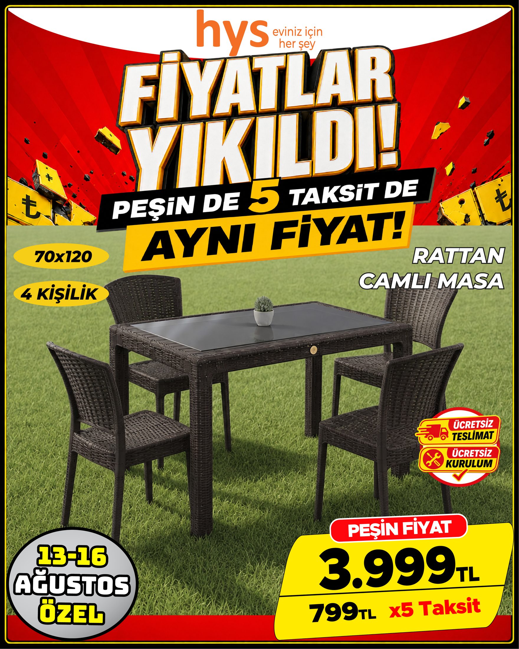 Rattan Camlı Masa Takımı 4 Kişilik