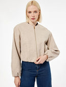 Koton Fermuarlı Bisiklet Yaka Uzun Kollu Crop Kaşe Kolej Bomber Ceket