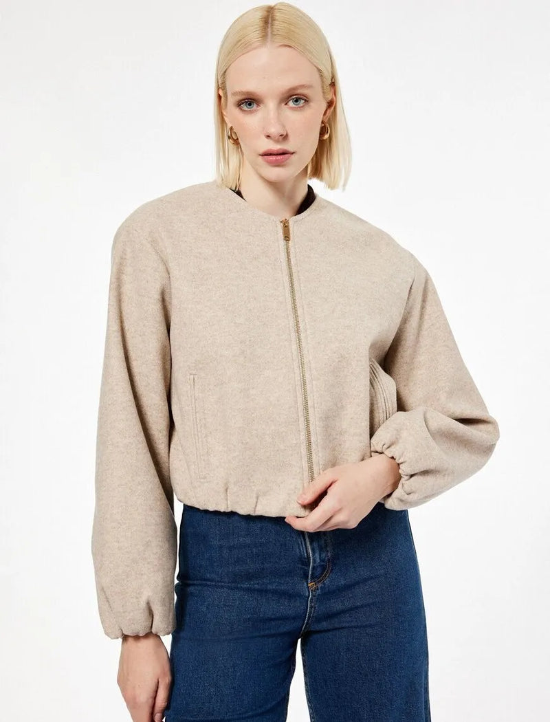 Koton Fermuarlı Bisiklet Yaka Uzun Kollu Crop Kaşe Kolej Bomber Ceket