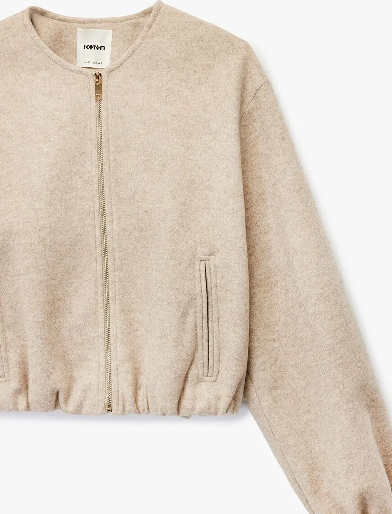 Koton Fermuarlı Bisiklet Yaka Uzun Kollu Crop Kaşe Kolej Bomber Ceket