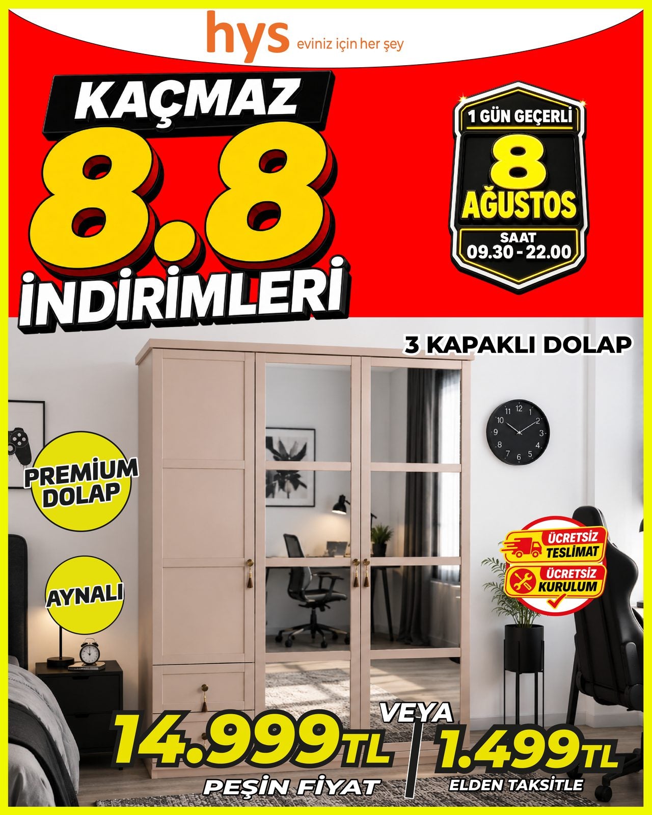 3 Kapaklı Dolap