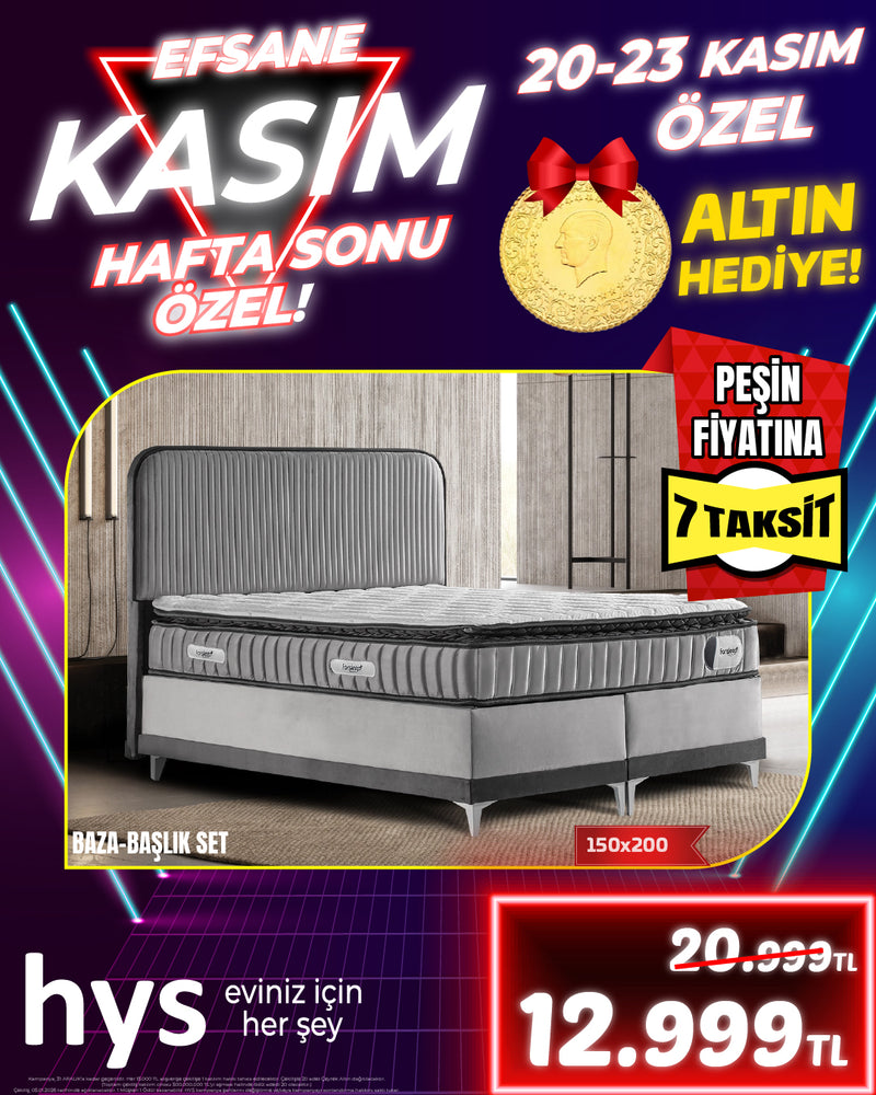 Rival Baza-Başlık-Yatak Seti - Gri, 150x200 cm