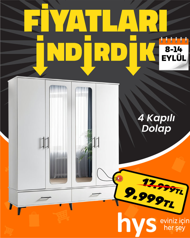 4 Kapılı Aynalı Çok Amaçlı Dolap