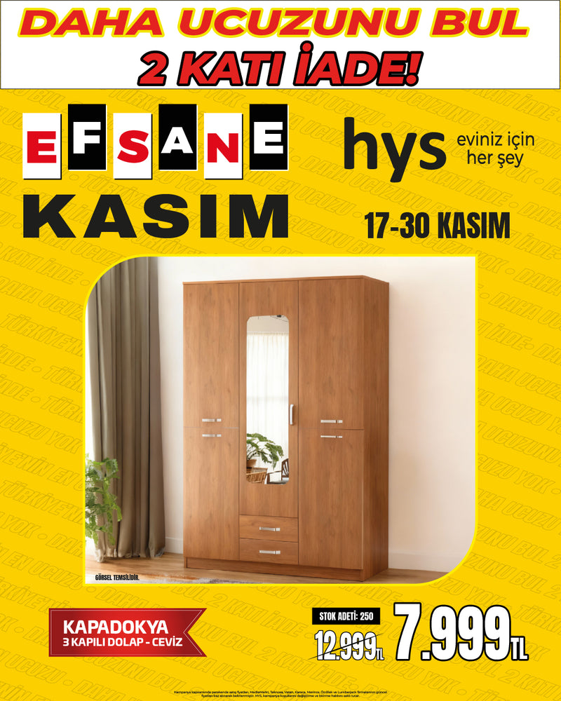 3 Kapılı ve Aynalı Çok Amaçlı Dolap