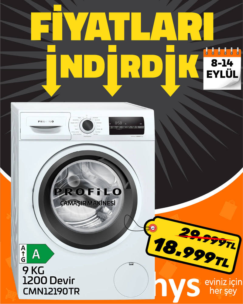 Profilo CMN12190TR 9 Kg 1200 Devir Inverter Motor Çamaşır Makinesi A Sınıfı Beyaz