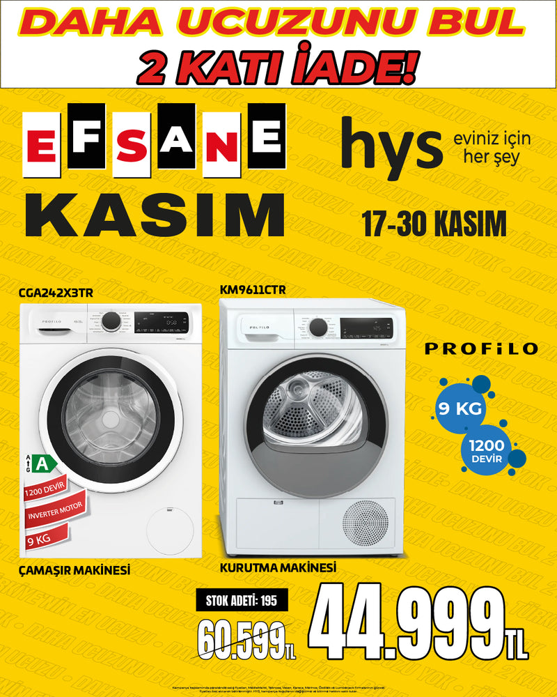 PROFILO A Enerji Sınıfı Inverter Motorlu 9 KG Çamaşır ve Kurutma Makinesi Seti