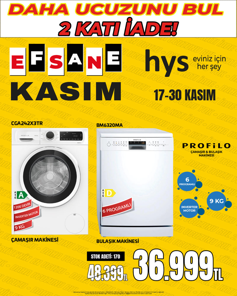 PROFILO A Sınıfı Inverter Motorlu 9 KG Çamaşır ve Bulaşık Makinesi İkilisi