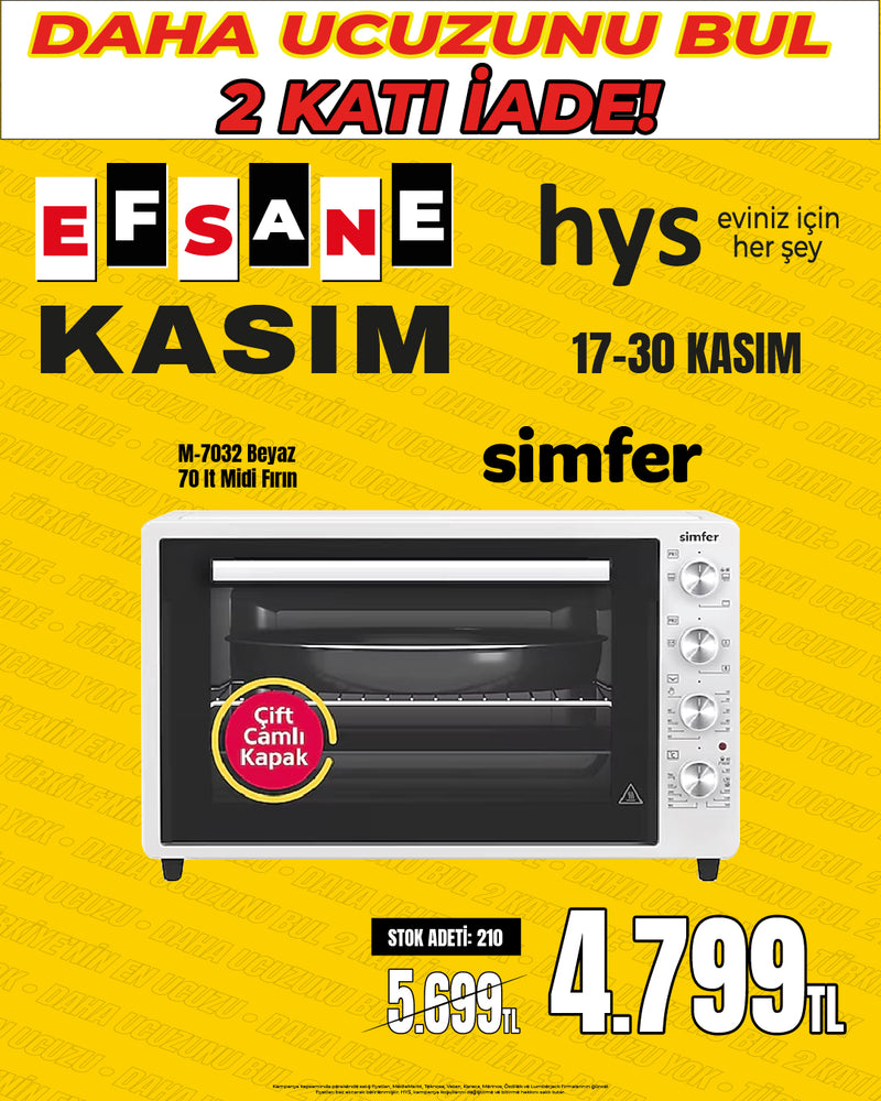Simfer M-7032 Beyaz 70 Litre Geniş Hacimli Çift Camlı Midi Fırın