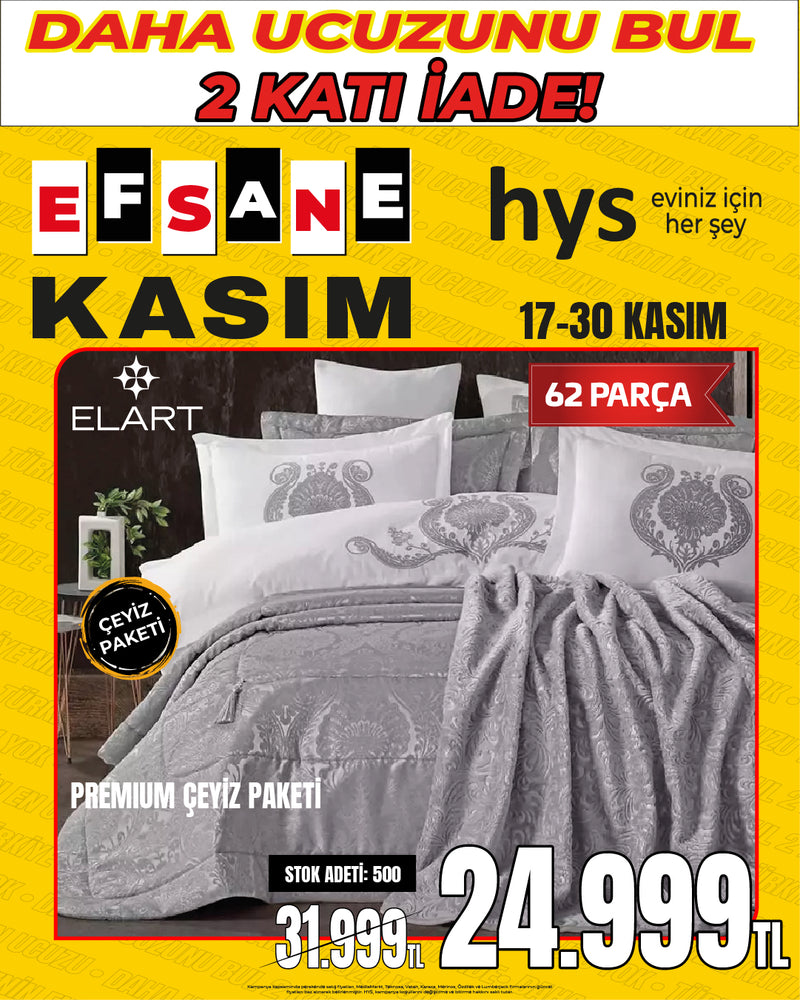 ELART Lüks Jakarlı 62 Parça Premium Çeyiz Seti (Ceviz Paketi)