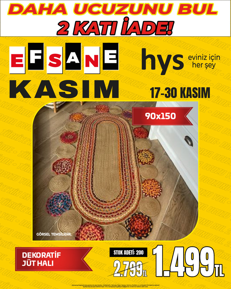 El Örgüsü Görünümlü Dekoratif Jüt Halı (90x150 cm)