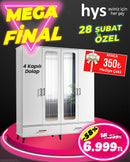 Çiçek 4 Kapılı Aynalı Dolap