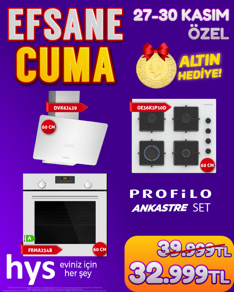 Profilo 3'lü Beyaz Ankastre Set (Fırın, Ocak, Davlumbaz)