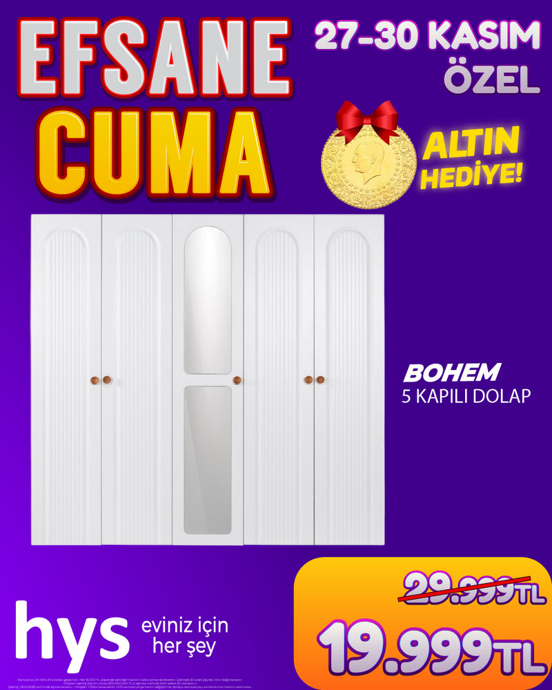 Bohem Aynalı 5 Kapılı Gardırop