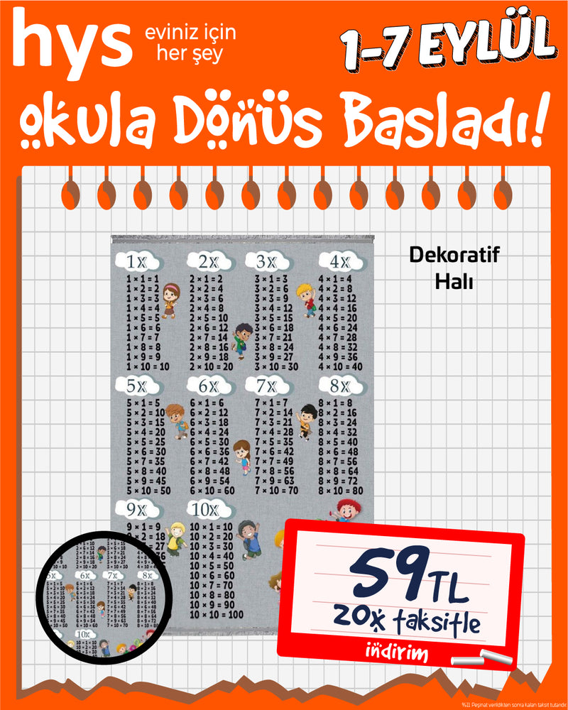 Dekoratif Çocuk Odası Halı (Çarpım Tablosu)