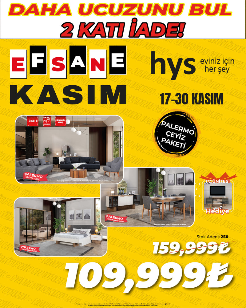 PALERMO Lüks 3 Takım Çeyiz Paketi (Yatak, Yemek, Oturma Odası) + TV Ünitesi Hediye