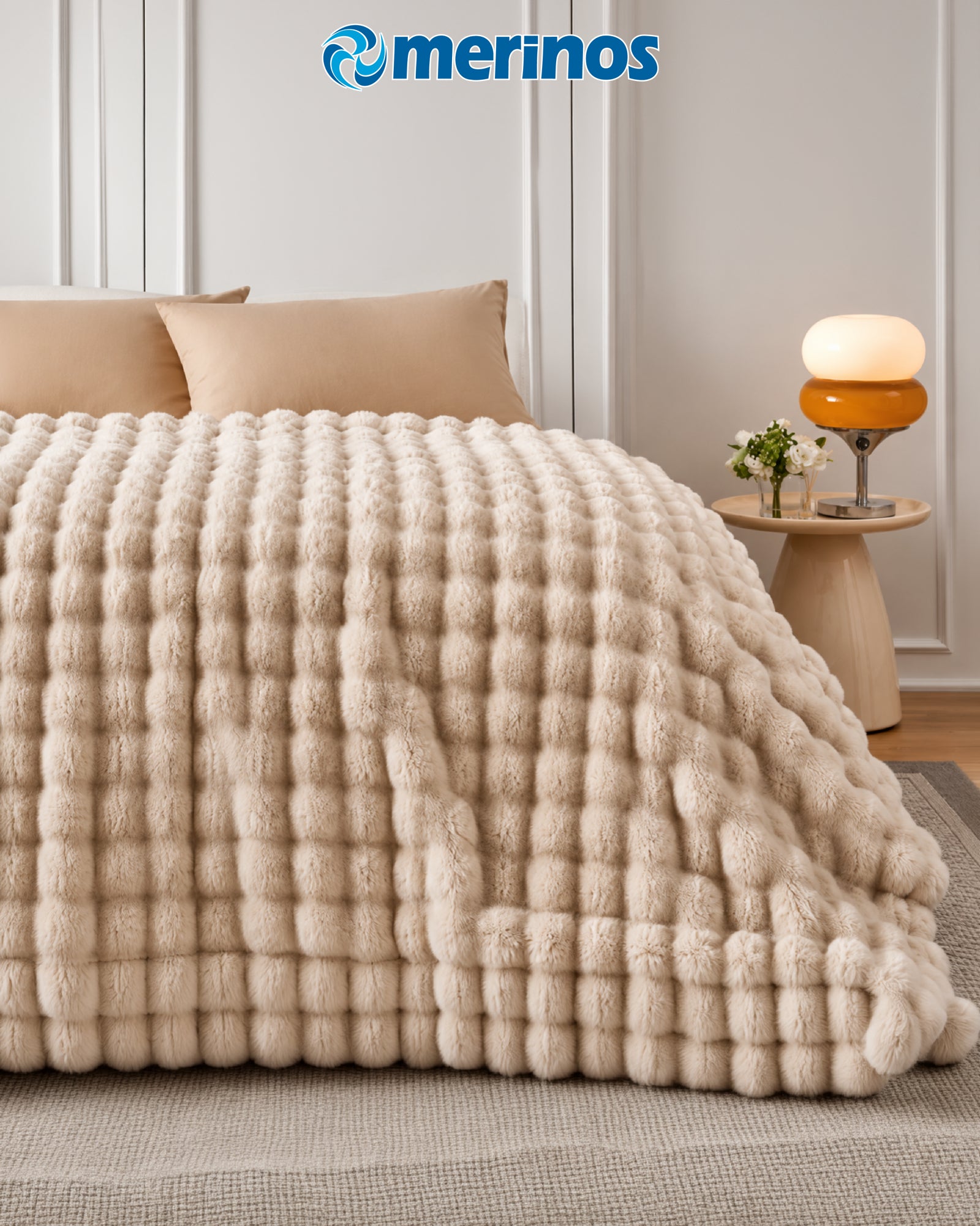 Merinos Angora Kürk Bubble Battaniye 220x240 Kutulu Bej