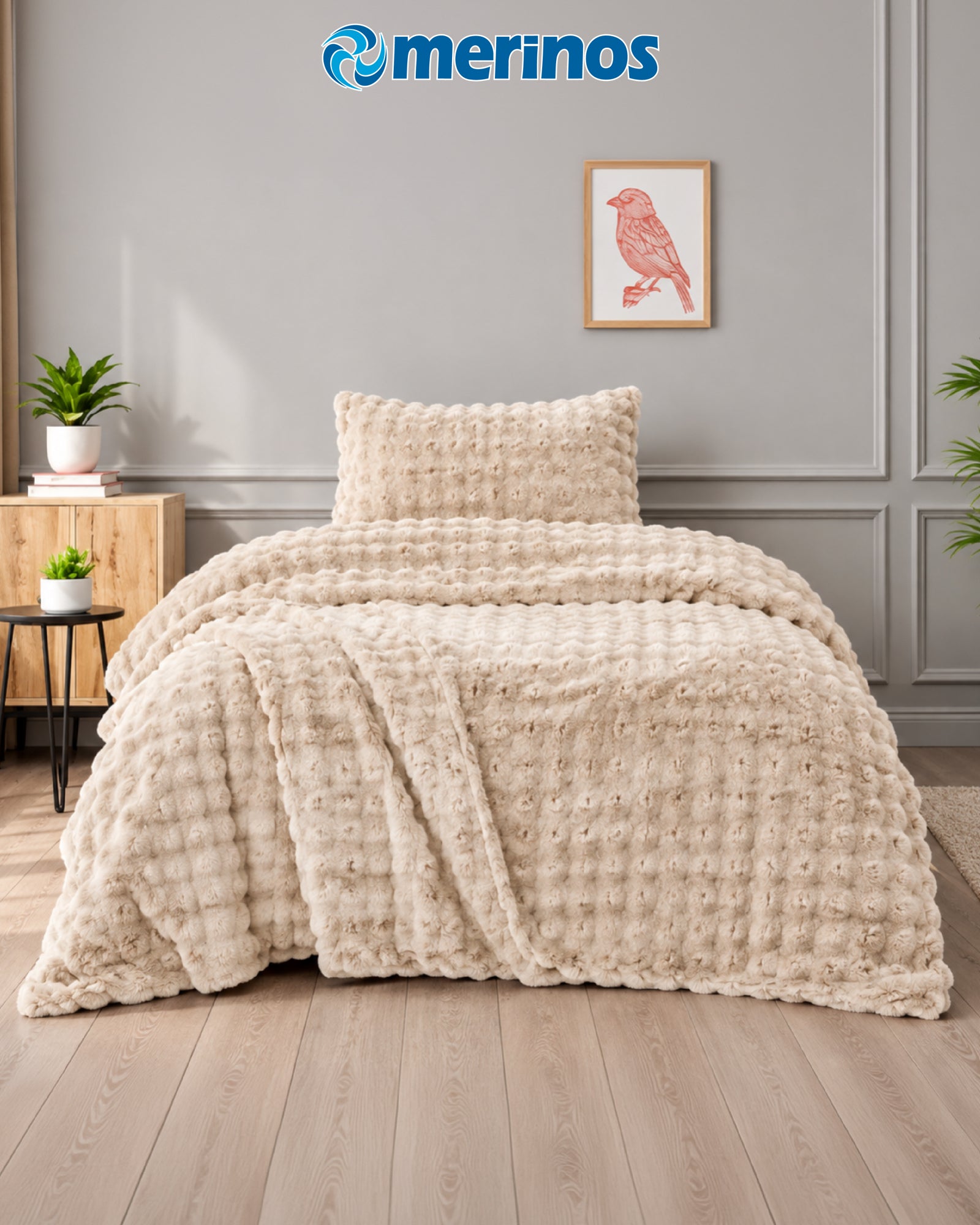 Merinos Diamond Kürk Yorgan Seti Tek Kişilik Bubble Bej
