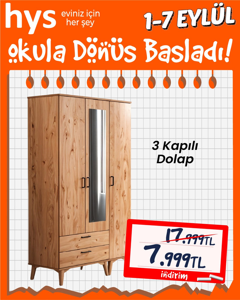 3 Kapılı ve Aynalı Çok Amaçlı Dolap