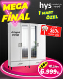 Çiçek 4 Kapılı Aynalı Dolap