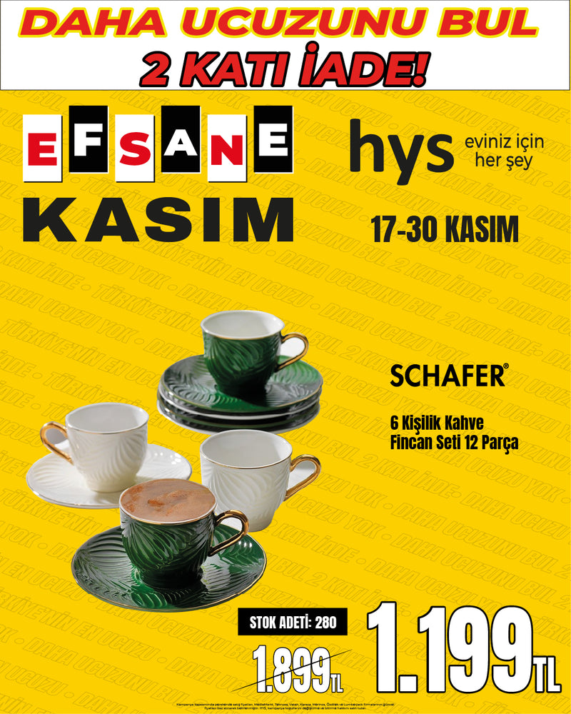 SCHAFER® 6 Kişilik Lüks Yaprak Desenli Kahve Fincan Seti (12 Parça)