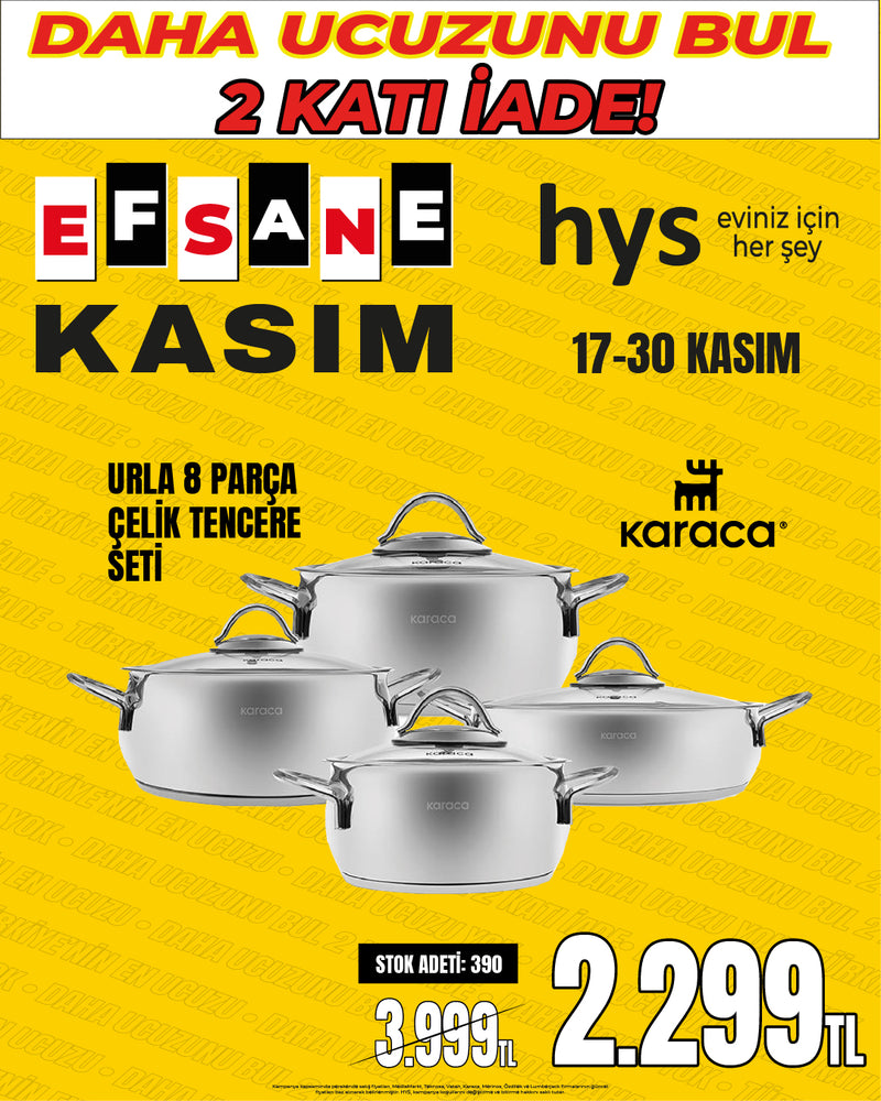 KARACA URLA Paslanmaz Çelik 8 Parça Kapaklı Tencere Seti