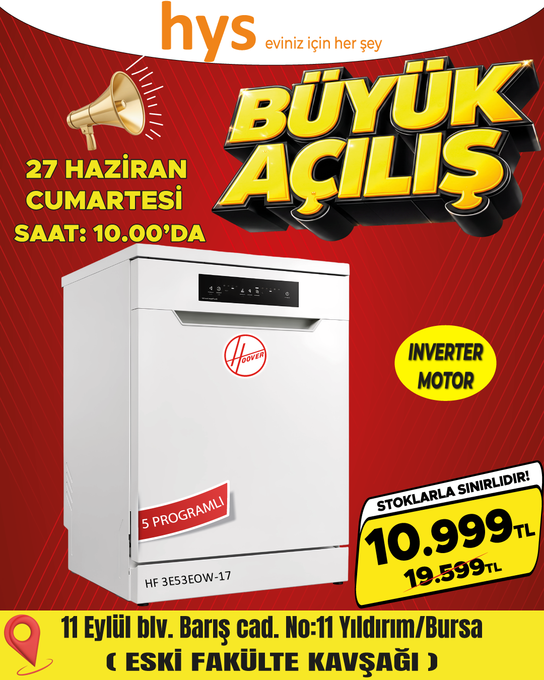 Hoover HF3E53E0W-17 Bulaşık Makinesi