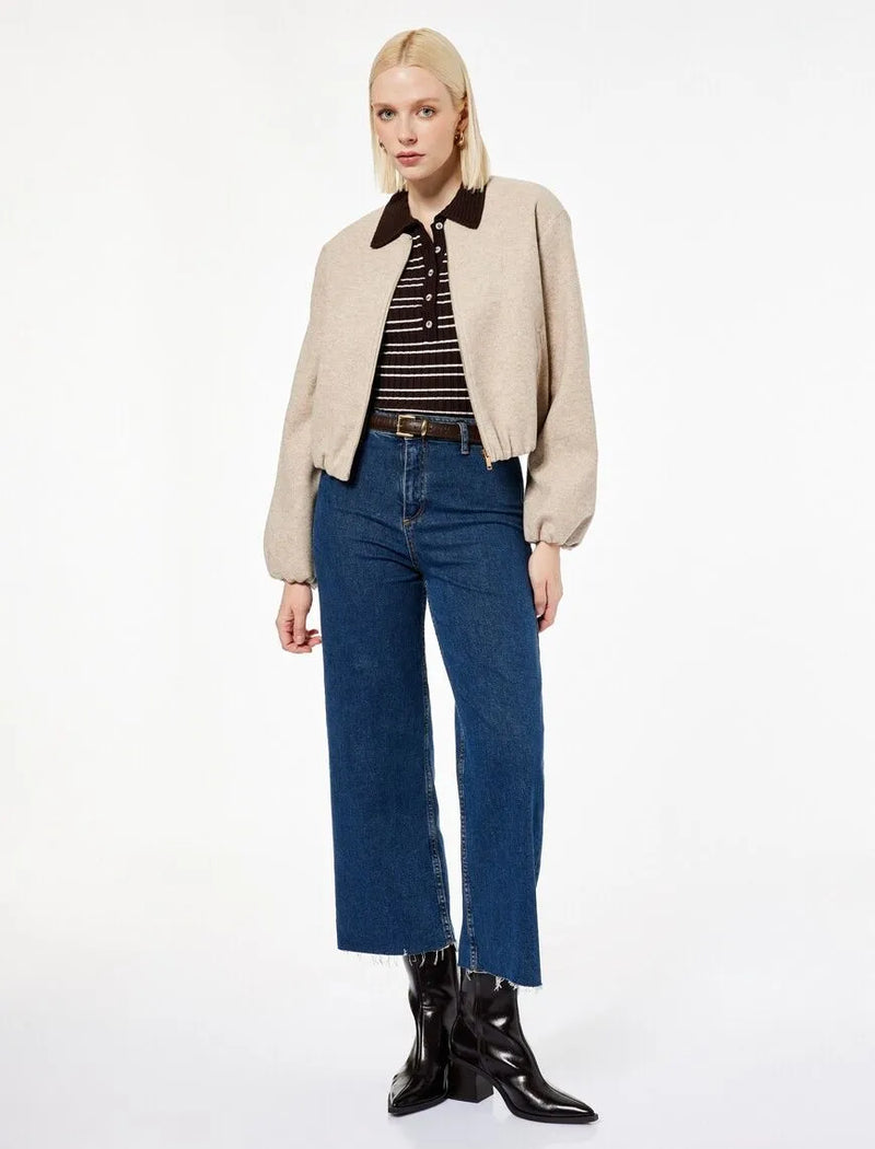 Koton Fermuarlı Bisiklet Yaka Uzun Kollu Crop Kaşe Kolej Bomber Ceket